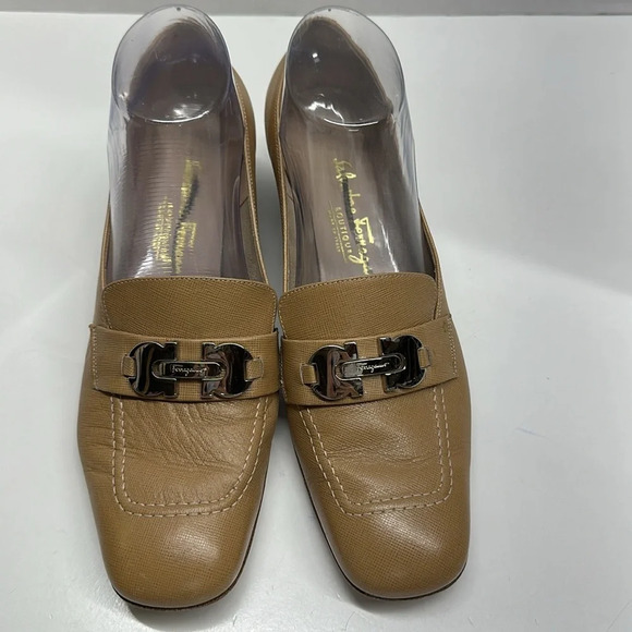 Salvatore Ferragamo Loafers Shoes Low Heel Leather Gancini Bit Tan Brown Size 9 - Picture 2 of 9